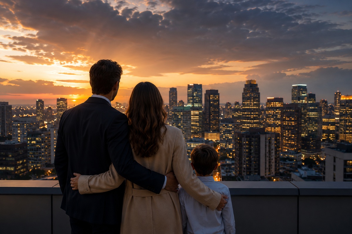 Família observando o skyline da cidade ao pôr do sol